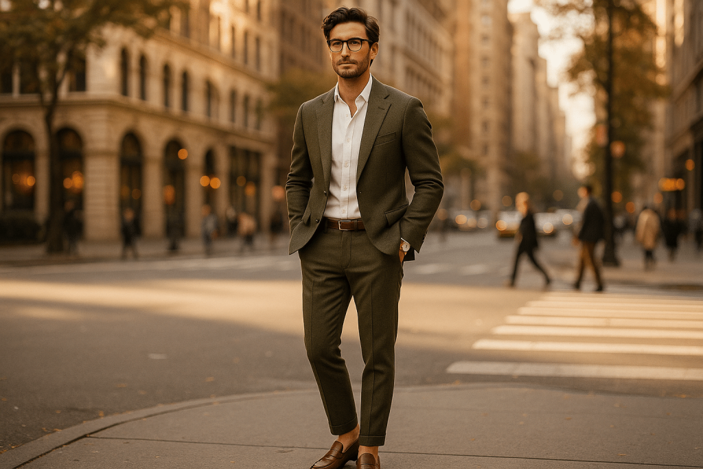Editorial photo of men’s fall 2025 fashion featuring oversized blazer and jewel-toned knit.