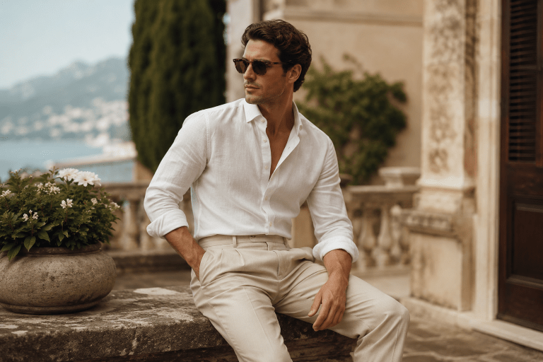 A stylish man wearing a crisp white linen shirt and tailored beige summer trousers sits on a stone terrace overlooking a coastal landscape. The old money inspired outfit is paired with classic sunglasses, creating a refined, luxurious summer aesthetic against elegant Mediterranean architecture and lush greenery.