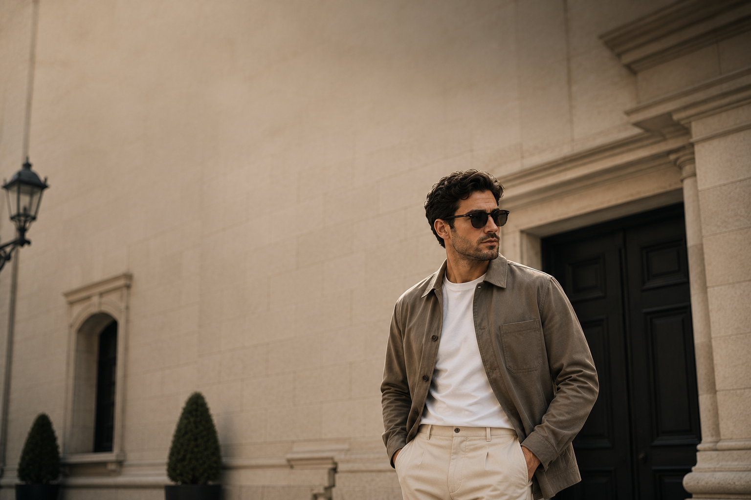 A well-dressed man wearing a taupe overshirt, white crew neck T-shirt, and cream tailored trousers stands outside a classic stone building with elegant architecture. The image features warm natural lighting, a soft editorial aesthetic, and generous negative space, creating a timeless, old-money style perfect for a men's fashion blog header.