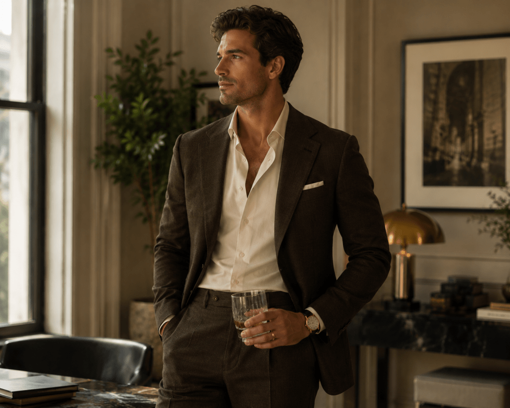 Man wearing a tailored dark brown old money style suit with an open collar white dress shirt, standing in a luxurious office interior while holding a whiskey glass. The elegant space features warm wood accents, soft natural lighting, classic décor, and refined furnishings, creating a sophisticated business casual atmosphere.