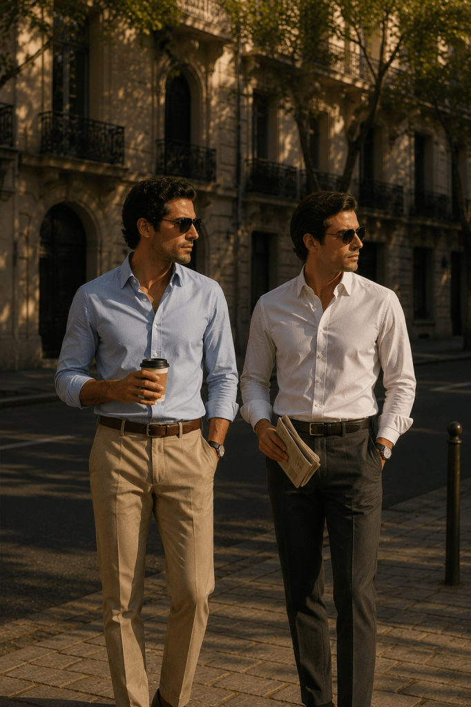 Two stylish men wearing tailored business casual outfits walk along a sunlit European-inspired street. One wears beige tailored chinos with a light blue Oxford shirt, while the other wears charcoal dress trousers with a crisp white button-down shirt. Their timeless neutral color palette, polished loafers, and classic accessories showcase an elegant old money aesthetic perfect for modern business casual style.