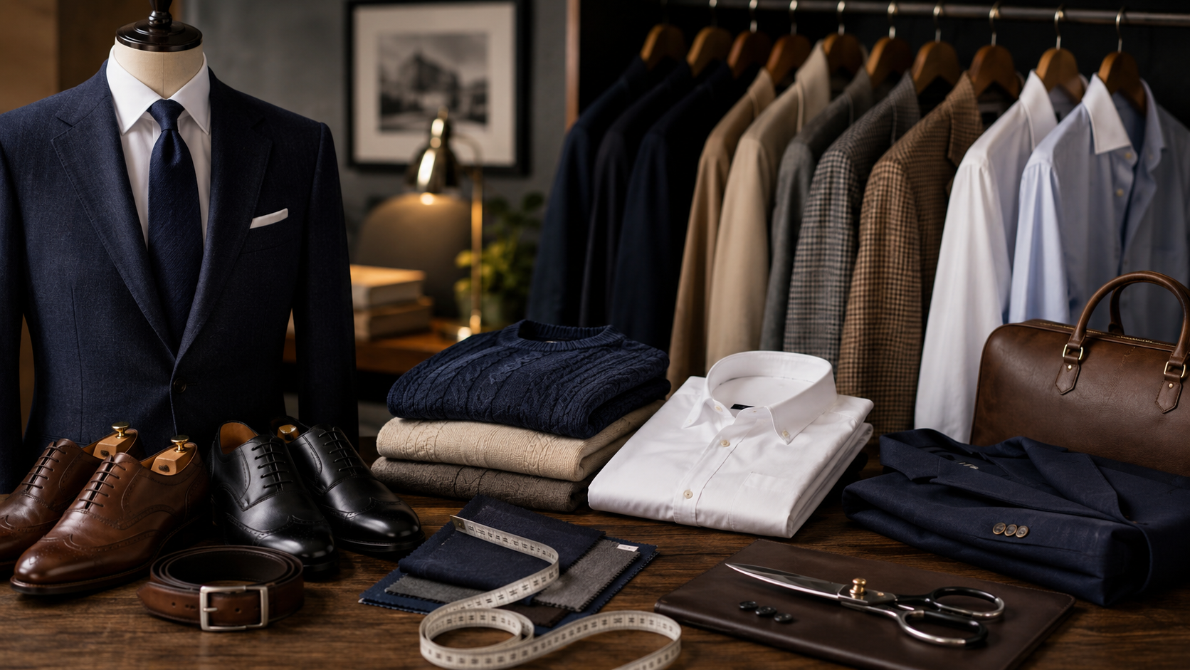 A luxurious flat lay of timeless men's wardrobe essentials displayed on a wooden table, featuring a tailored navy suit on a mannequin, crisp white Oxford shirts, folded knitwear, leather dress shoes, a matching belt, fabric swatches, tailoring scissors, and a leather briefcase in an elegant tailor shop with a warm, sophisticated old money aesthetic.