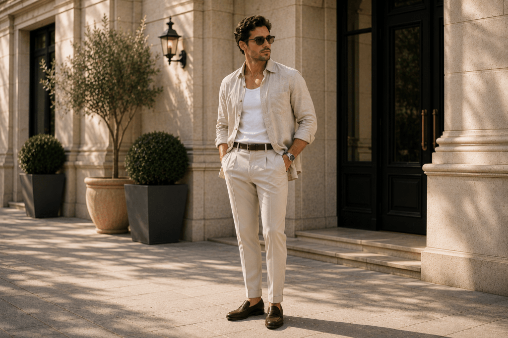 Alt Text: A stylish man wears a white tank top layered with an open beige linen overshirt featuring rolled sleeves, paired with tailored cream trousers and brown leather loafers. Standing outside an elegant stone building in warm natural light, the full-body portrait showcases a timeless summer layering outfit with an effortless old-money aesthetic.