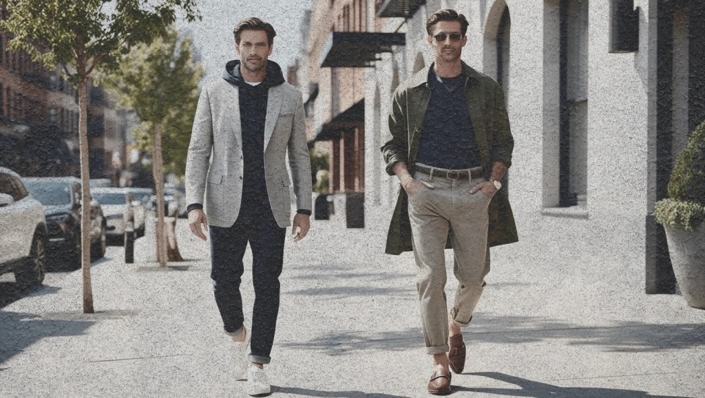 Two men in custom made clothing showcasing streetwear and tailoring fusion in an elevated, minimalist urban style.