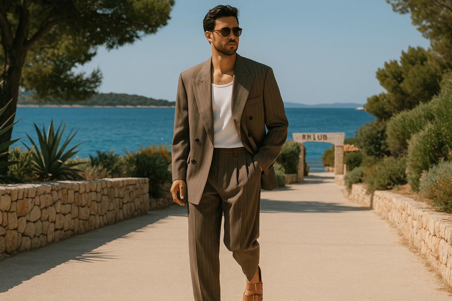 taupe striped suit with sandals