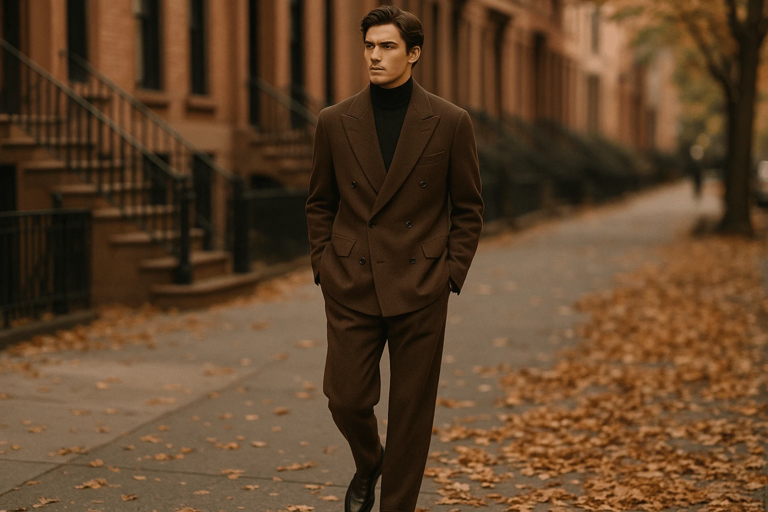 A man in a relaxed-fit, rust-brown suit (worn with a black shirt and tie, plus sunglasses) stands against an autumn city backdrop, exemplifying the quiet luxury and relaxed tailoring trends of Fall 2025 menswear.