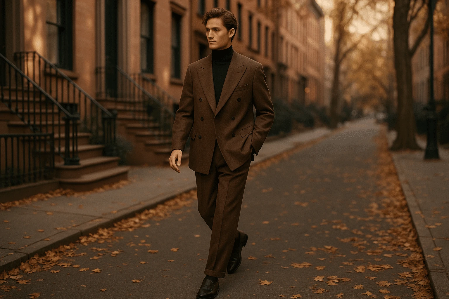A man in a relaxed-fit, rust-brown suit (worn with a black shirt and tie, plus sunglasses) stands against an autumn city backdrop, exemplifying the quiet luxury and relaxed tailoring trends of Fall 2025 menswear.