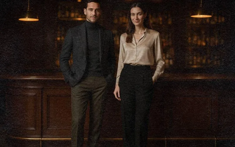 Elegant couple in autumn fashion, showcasing tailored menswear and chic womenswear in a romantic city setting.