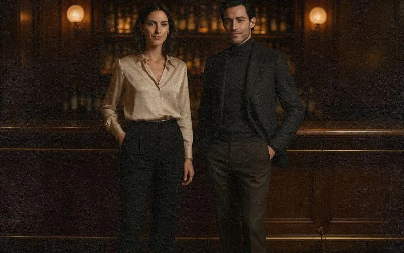 Elegant couple in autumn fashion, showcasing tailored menswear and chic womenswear in a romantic city setting.