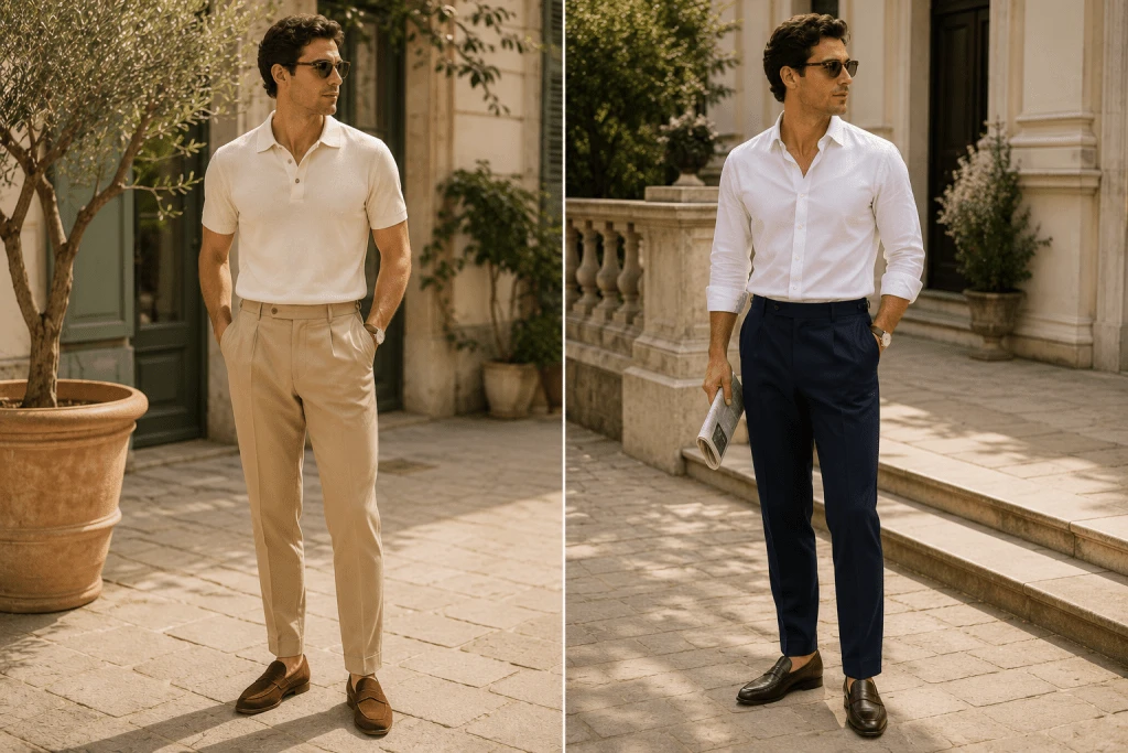 A well-dressed man wearing a cream polo shirt, beige tailored trousers, and brown suede loafers stands in a sunlit Mediterranean-inspired courtyard, showcasing a sophisticated warm-tone summer outfit with an old money luxury aesthetic.