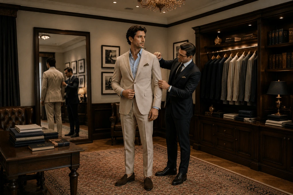 A professional tailor adjusts the fit of a light beige suit on a client inside a luxurious tailor shop with dark wood interiors, creating a refined, old money aesthetic that highlights the importance of perfectly tailored clothing.