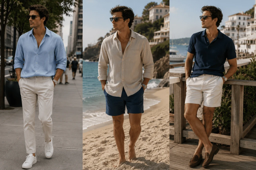 Three side-by-side summer outfits styled for different lifestyles: an American man walking through the city in a light blue linen shirt, white lightweight trousers, and white leather sneakers; the same man strolling along the beach in a beige linen shirt and navy shorts; and relaxing at a waterfront boardwalk in a navy knit polo, white tailored shorts, and brown leather loafers. The collage illustrates how effortless summer style can be adapted for the city, the beach, and coastal leisure while maintaining a timeless, refined look.