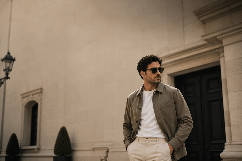 A well-dressed man wearing a taupe overshirt, white crew neck T-shirt, and cream tailored trousers stands outside a classic stone building with elegant architecture. The image features warm natural lighting, a soft editorial aesthetic, and generous negative space, creating a timeless, old-money style perfect for a men's fashion blog header.