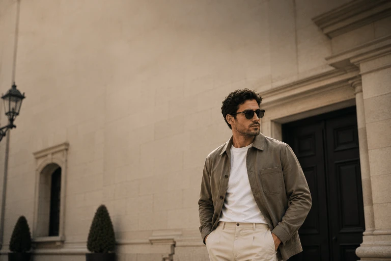 A well-dressed man wearing a taupe overshirt, white crew neck T-shirt, and cream tailored trousers stands outside a classic stone building with elegant architecture. The image features warm natural lighting, a soft editorial aesthetic, and generous negative space, creating a timeless, old-money style perfect for a men's fashion blog header.