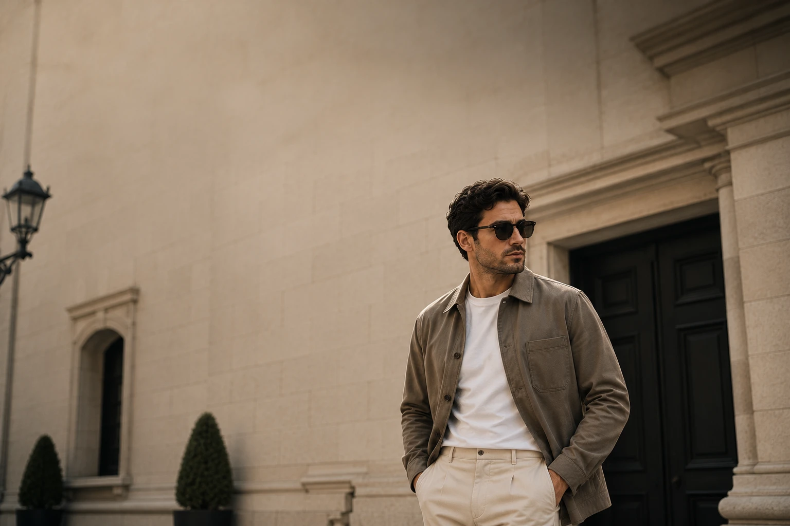 A well-dressed man wearing a taupe overshirt, white crew neck T-shirt, and cream tailored trousers stands outside a classic stone building with elegant architecture. The image features warm natural lighting, a soft editorial aesthetic, and generous negative space, creating a timeless, old-money style perfect for a men's fashion blog header.