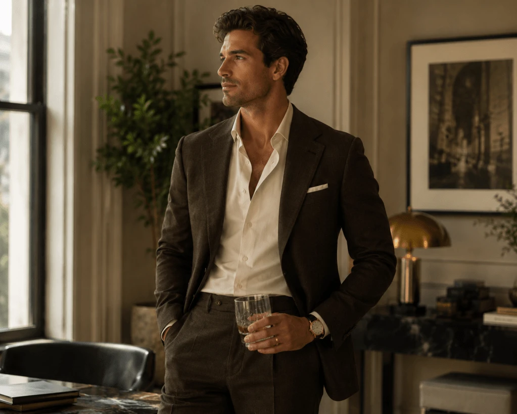 Man wearing a tailored dark brown old money style suit with an open collar white dress shirt, standing in a luxurious office interior while holding a whiskey glass. The elegant space features warm wood accents, soft natural lighting, classic décor, and refined furnishings, creating a sophisticated business casual atmosphere.