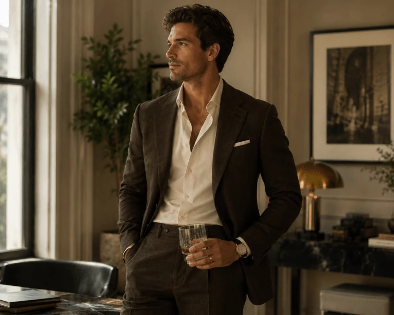 Man wearing a tailored dark brown old money style suit with an open collar white dress shirt, standing in a luxurious office interior while holding a whiskey glass. The elegant space features warm wood accents, soft natural lighting, classic décor, and refined furnishings, creating a sophisticated business casual atmosphere.