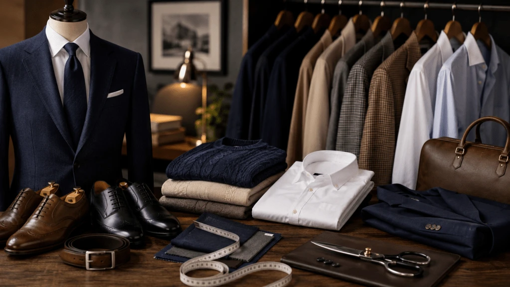 A luxurious flat lay of timeless men's wardrobe essentials displayed on a wooden table, featuring a tailored navy suit on a mannequin, crisp white Oxford shirts, folded knitwear, leather dress shoes, a matching belt, fabric swatches, tailoring scissors, and a leather briefcase in an elegant tailor shop with a warm, sophisticated old money aesthetic.