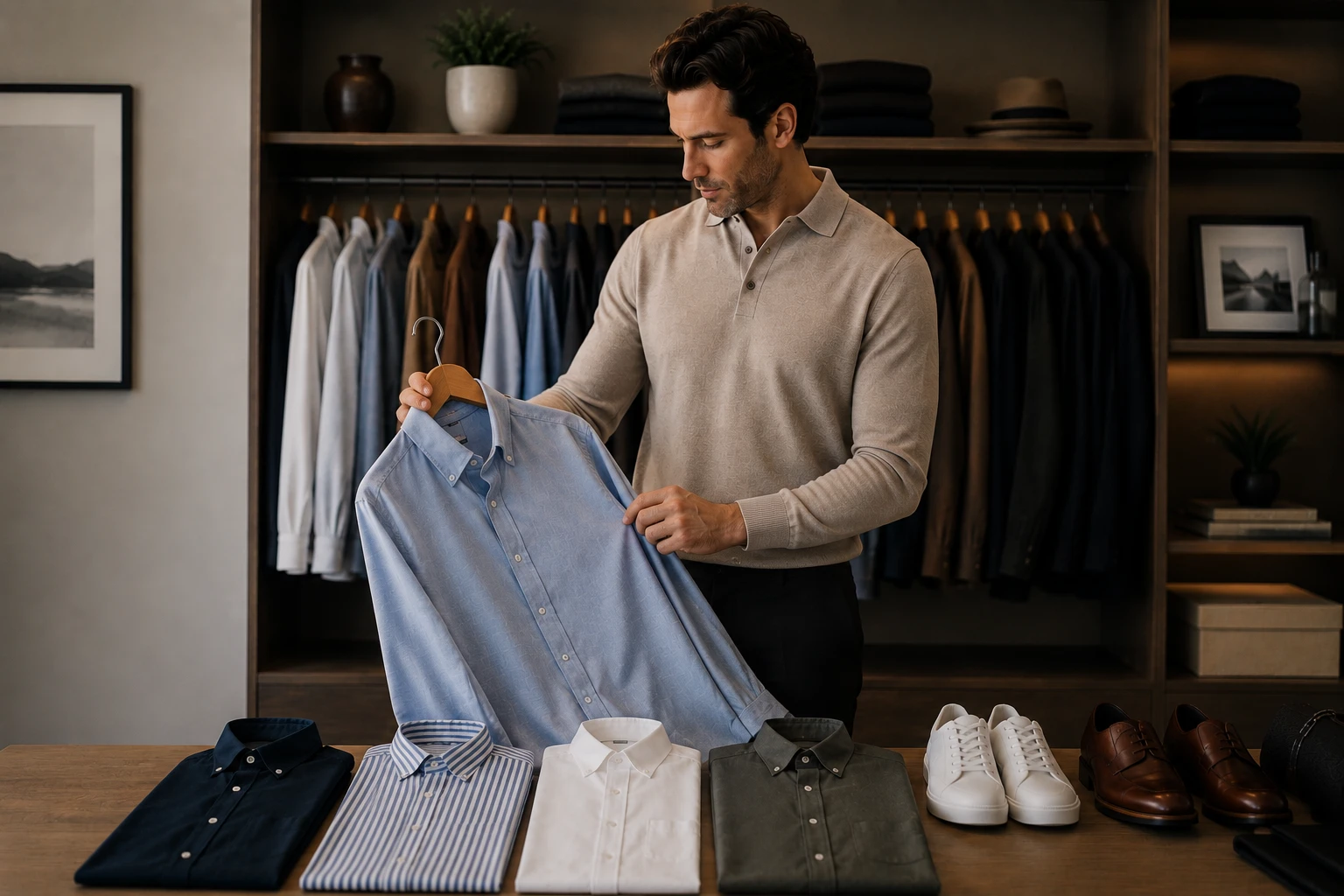 A stylishly dressed man in a neutral knit polo carefully holds a light blue Oxford shirt on a wooden hanger inside a luxurious walk-in closet. Folded dress shirts, white leather sneakers, and brown leather dress shoes are neatly arranged on a wooden table, while a curated selection of hanging shirts in neutral tones creates a refined, old-money aesthetic under warm natural lighting.