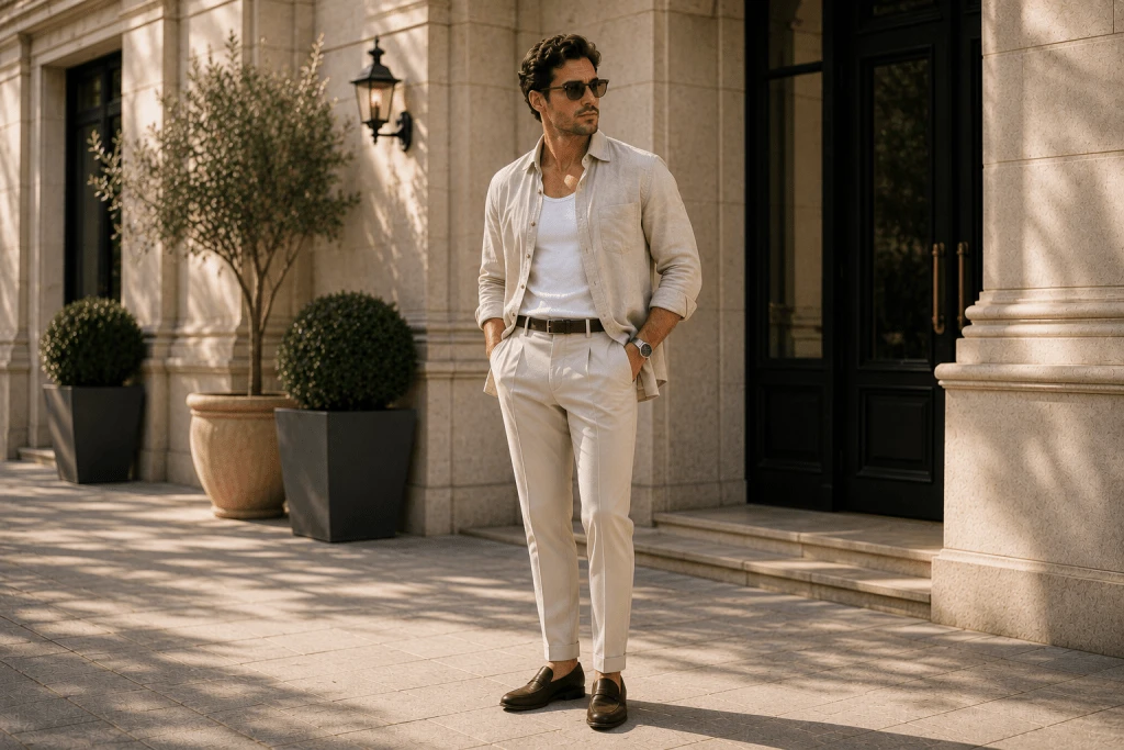 Alt Text: A stylish man wears a white tank top layered with an open beige linen overshirt featuring rolled sleeves, paired with tailored cream trousers and brown leather loafers. Standing outside an elegant stone building in warm natural light, the full-body portrait showcases a timeless summer layering outfit with an effortless old-money aesthetic.