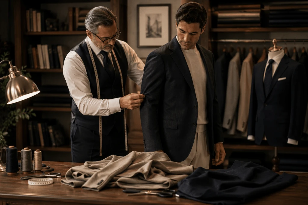 An experienced tailor carefully adjusts the sleeve of a client's navy blazer inside a luxury tailor shop, demonstrating how professional alterations can modernize existing clothing. The warm, elegant workspace features premium fabrics, tailoring tools, folded garments, and classic menswear, highlighting the value of expert tailoring over buying new clothes.